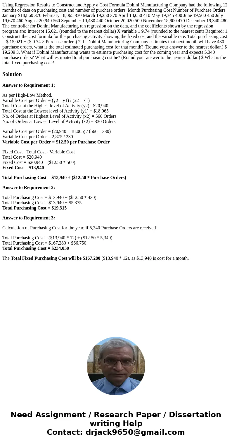 Using Regression Results to Construct and Apply a Cost Formula Dohini Manufacturing Company had the following 12 months of data on purchasing cost and number of