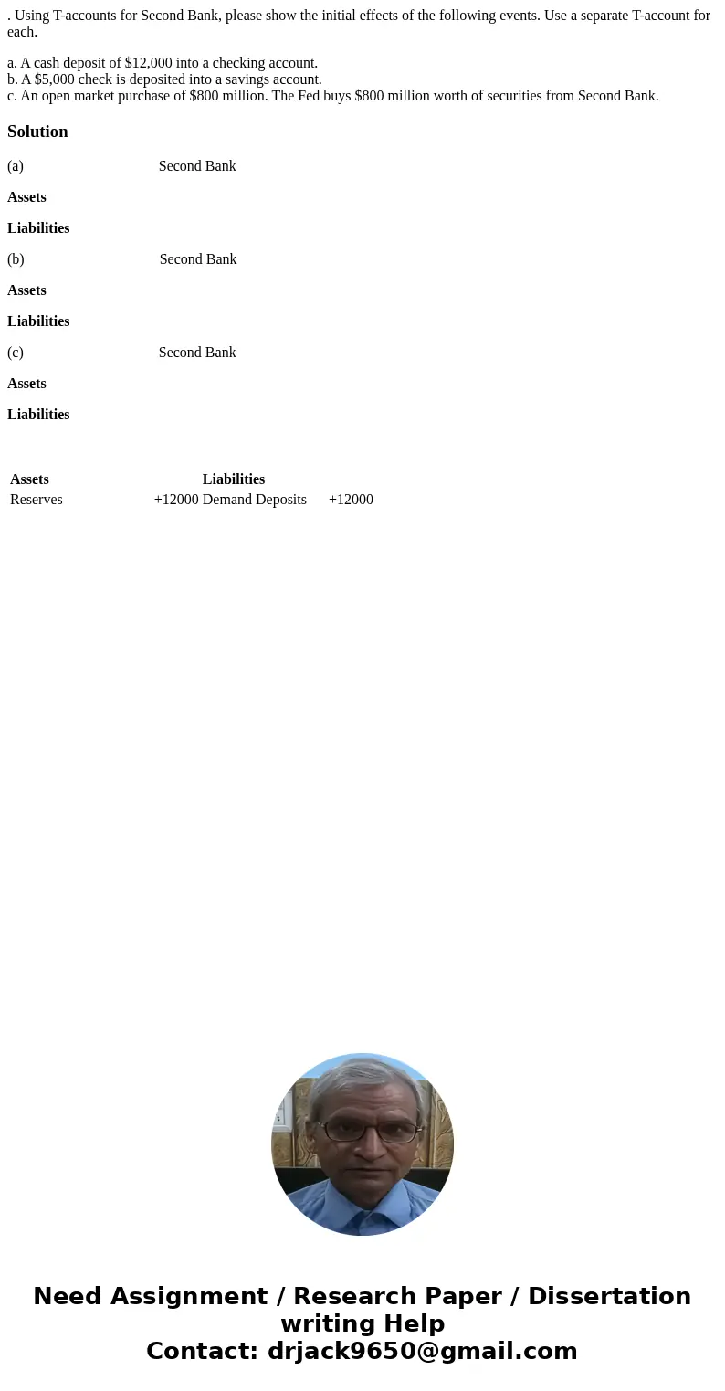 . Using T-accounts for Second Bank, please show the initial effects of the following events. Use a separate T-account for each. a. A cash deposit of $12,000 int