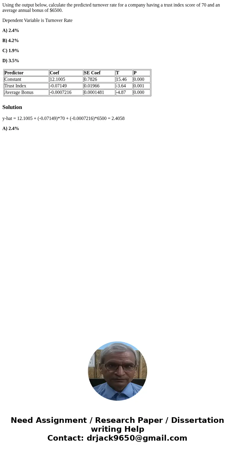 Using the output below, calculate the predicted turnover rate for a company having a trust index score of 70 and an average annual bonus of $6500. Dependent Var