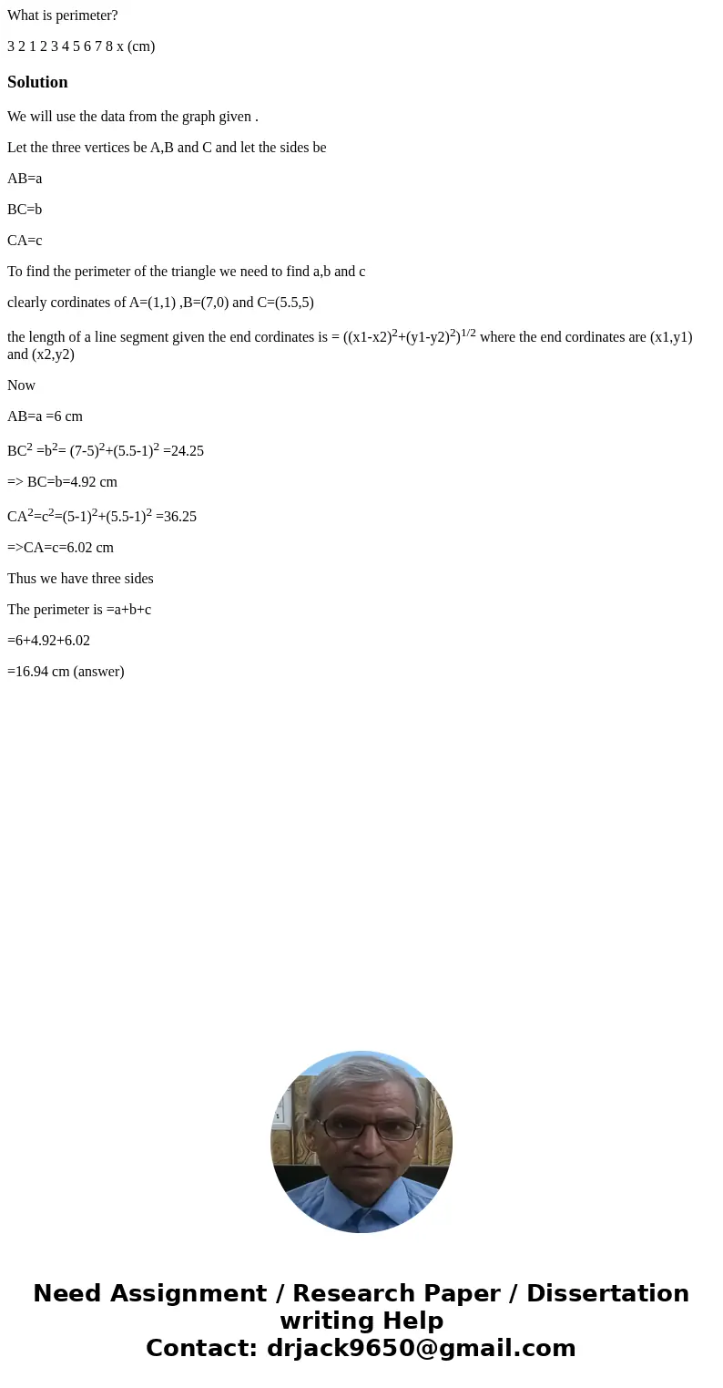 What is perimeter? 3 2 1 2 3 4 5 6 7 8 x (cm) SolutionWe will use the data from the graph given . Let the three vertices be A,B and C and let the sides be AB=a 