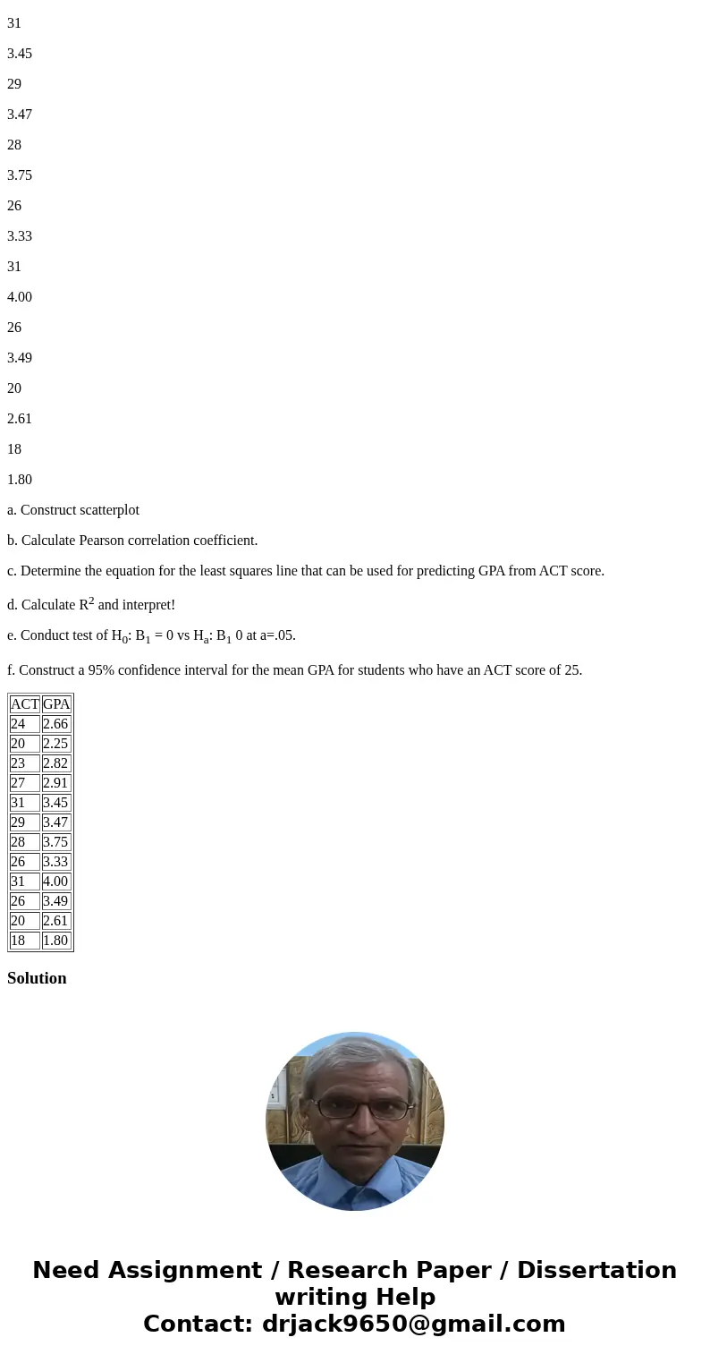 what is the rejection region for . The records of 12 college students were obtained in a random sample, and each student’s GPA(y) and ACT(x) were recorded as fo