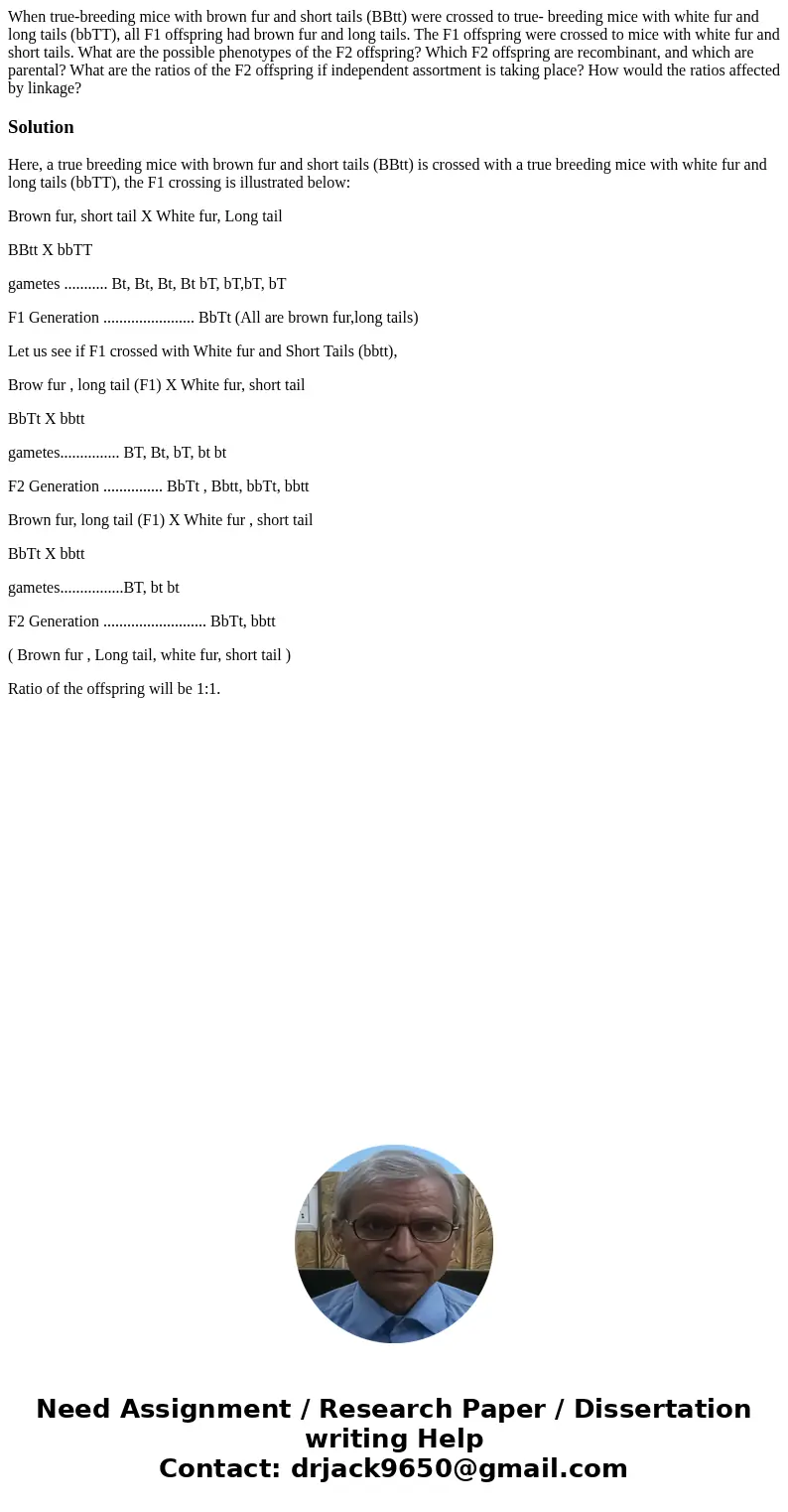  When true-breeding mice with brown fur and short tails (BBtt) were crossed to true- breeding mice with white fur and long tails (bbTT), all F1 offspring had br
