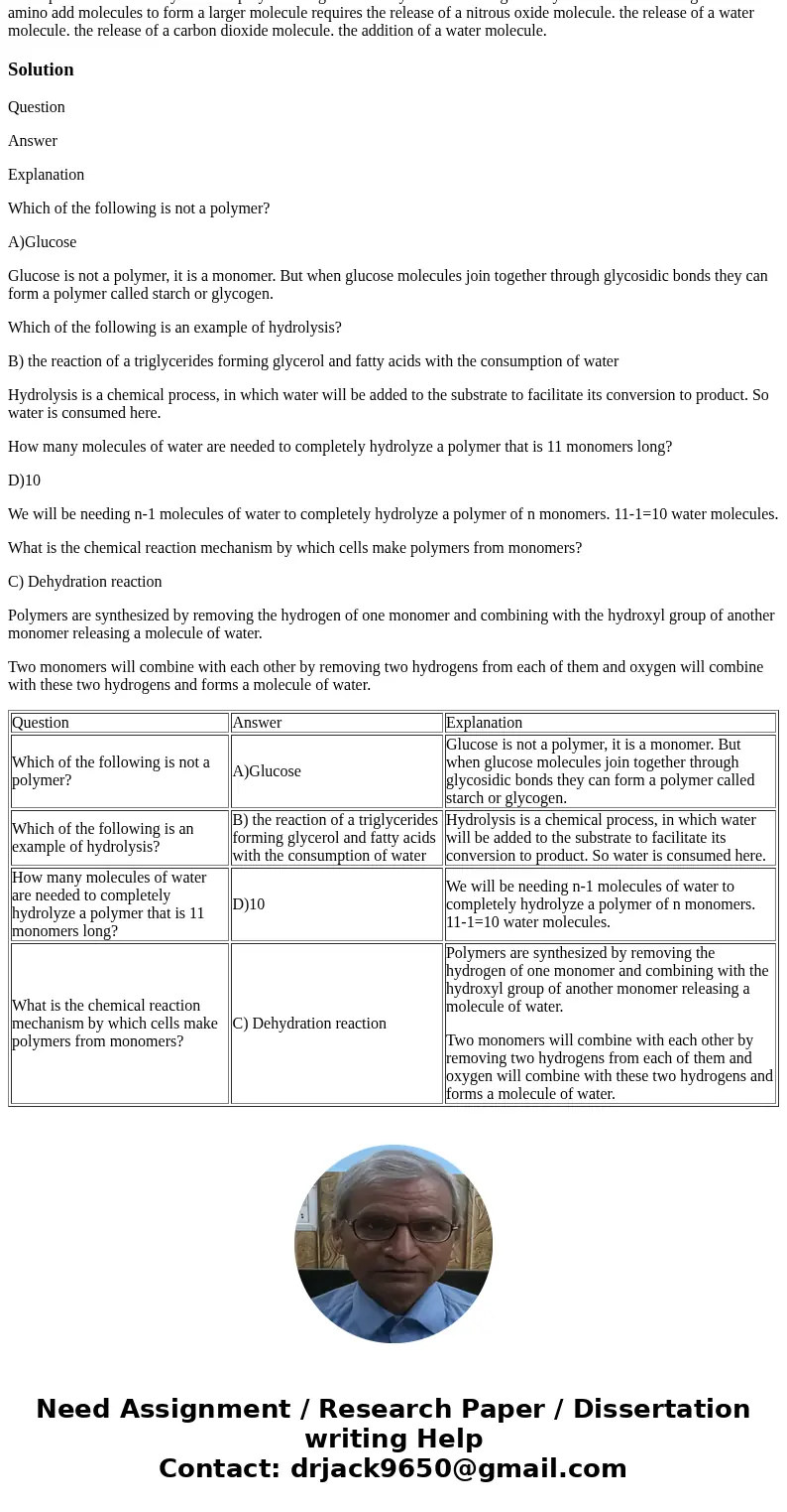 Which of the following is not a polymer? starch DNA glucose chitin Which of the following is an example of hydrolysis? the synthesis of two amino adds, forming  Which of the following is not a polymer? starch DNA glucose chitin Which of the following is an example of hydrolysis? the synthesis of two amino adds, forming