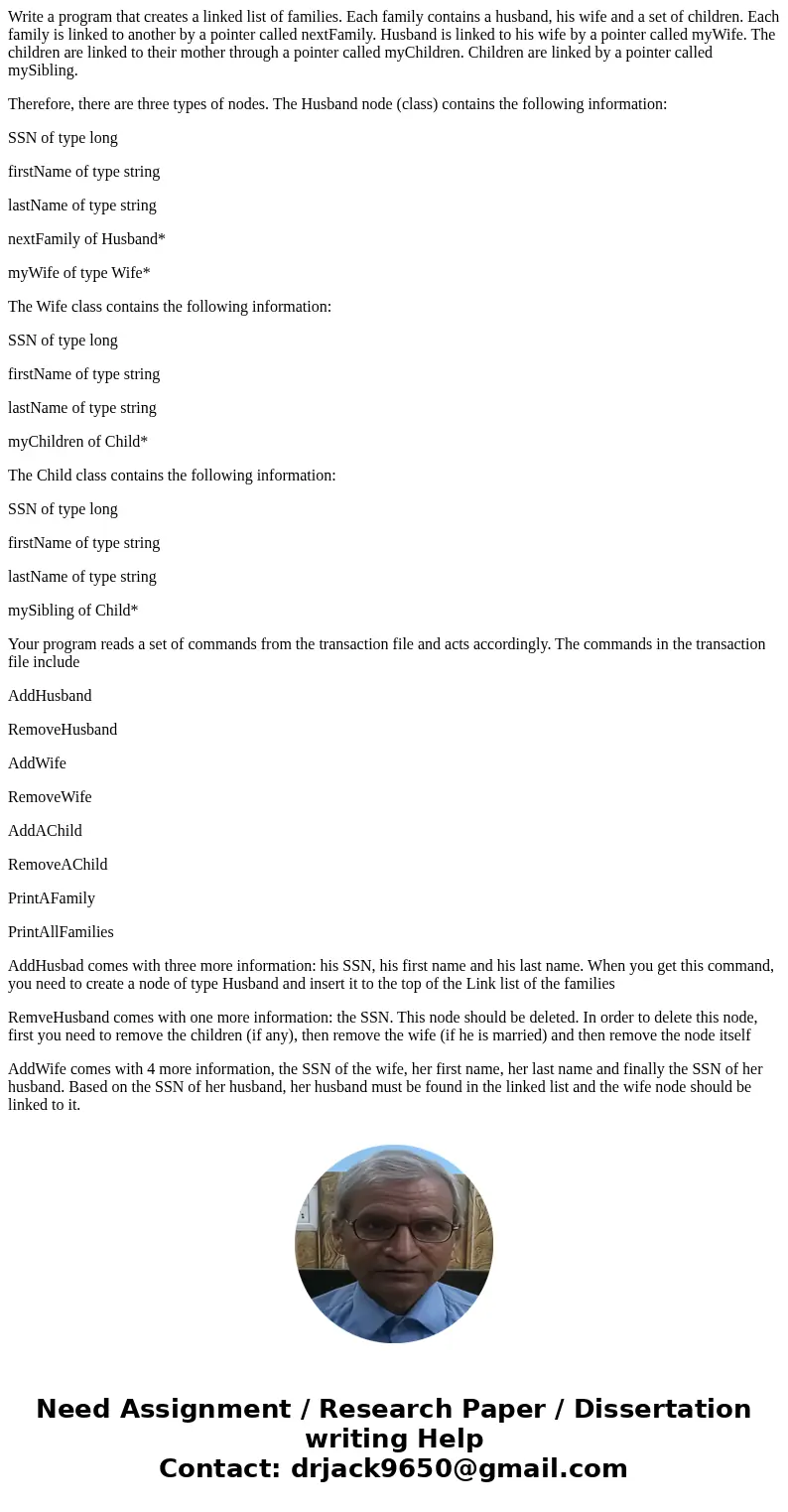 Write a program that creates a linked list of families. Each family contains a husband, his wife and a set of children. Each family is linked to another by a po