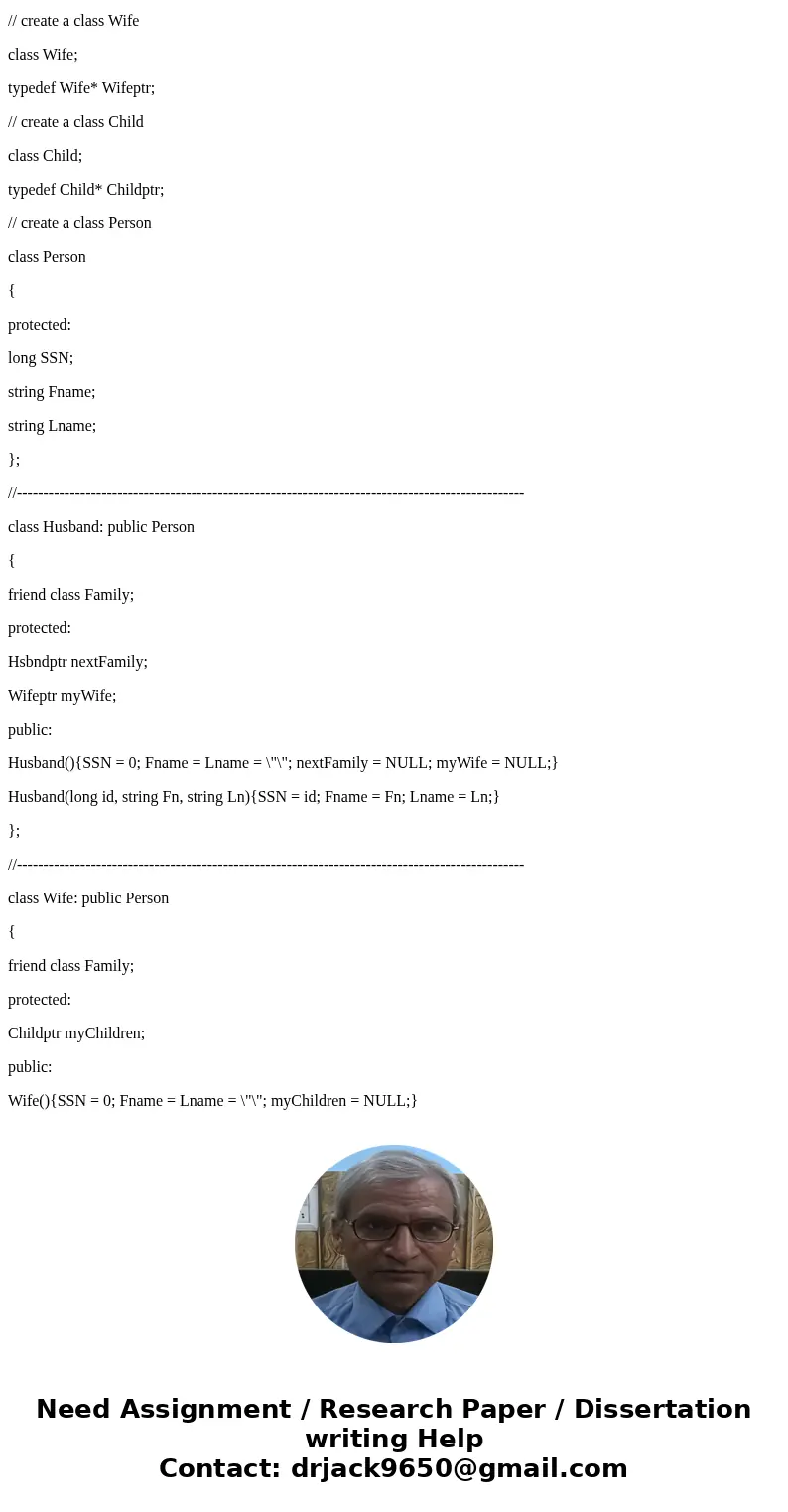 Write a program that creates a linked list of families. Each family contains a husband, his wife and a set of children. Each family is linked to another by a po