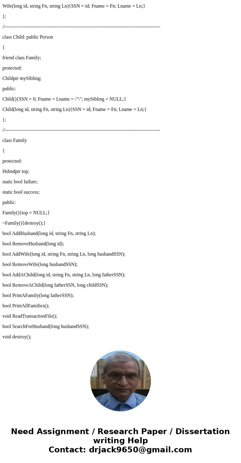 Write a program that creates a linked list of families. Each family contains a husband, his wife and a set of children. Each family is linked to another by a po