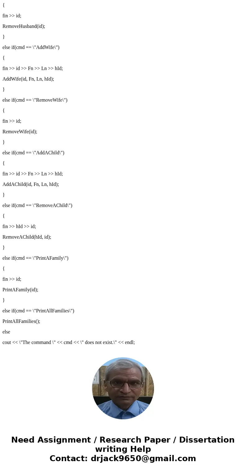 Write a program that creates a linked list of families. Each family contains a husband, his wife and a set of children. Each family is linked to another by a po