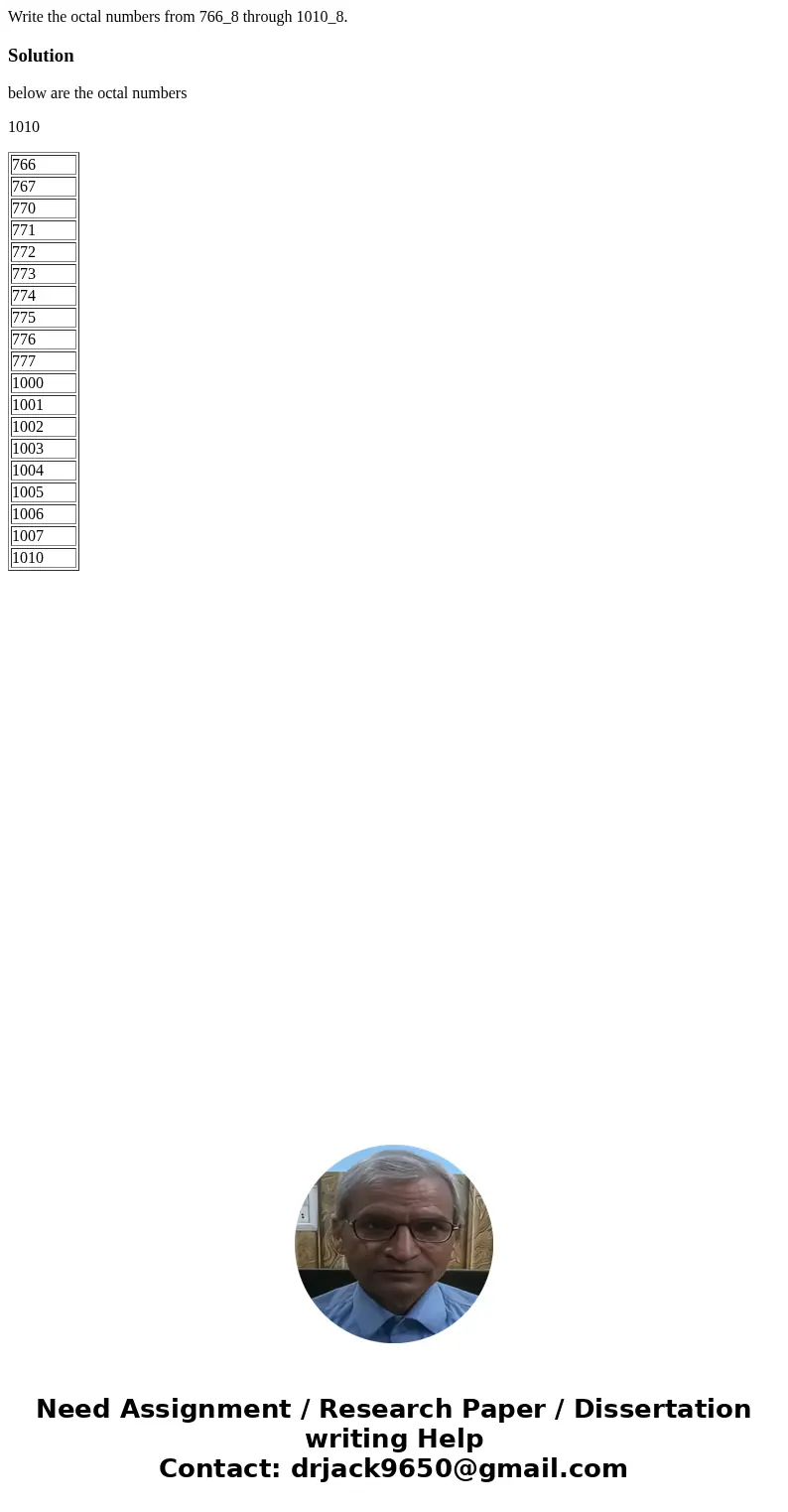 Write the octal numbers from 766_8 through 1010_8.Solutionbelow are the octal numbers 1010 766 767 770 771 772 773 774 775 776 777 1000 1001 1002 1003 1004 100  Write the octal numbers from 766_8 through 1010_8.Solutionbelow are the octal numbers 1010 766 767 770 771 772 773 774 775 776 777 1000 1001 1002 1003 1004 100