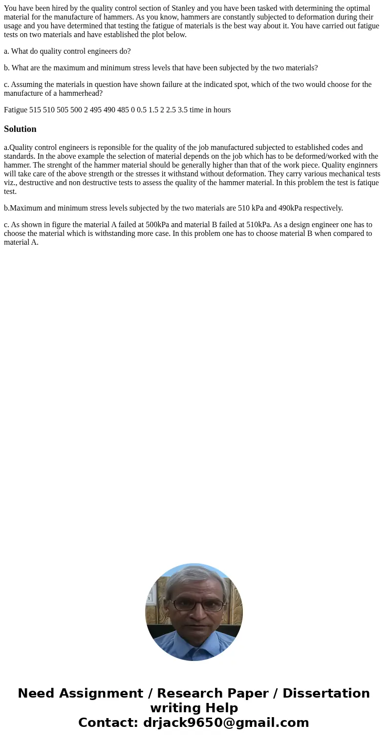 You have been hired by the quality control section of Stanley and you have been tasked with determining the optimal material for the manufacture of hammers. As  You have been hired by the quality control section of Stanley and you have been tasked with determining the optimal material for the manufacture of hammers. As