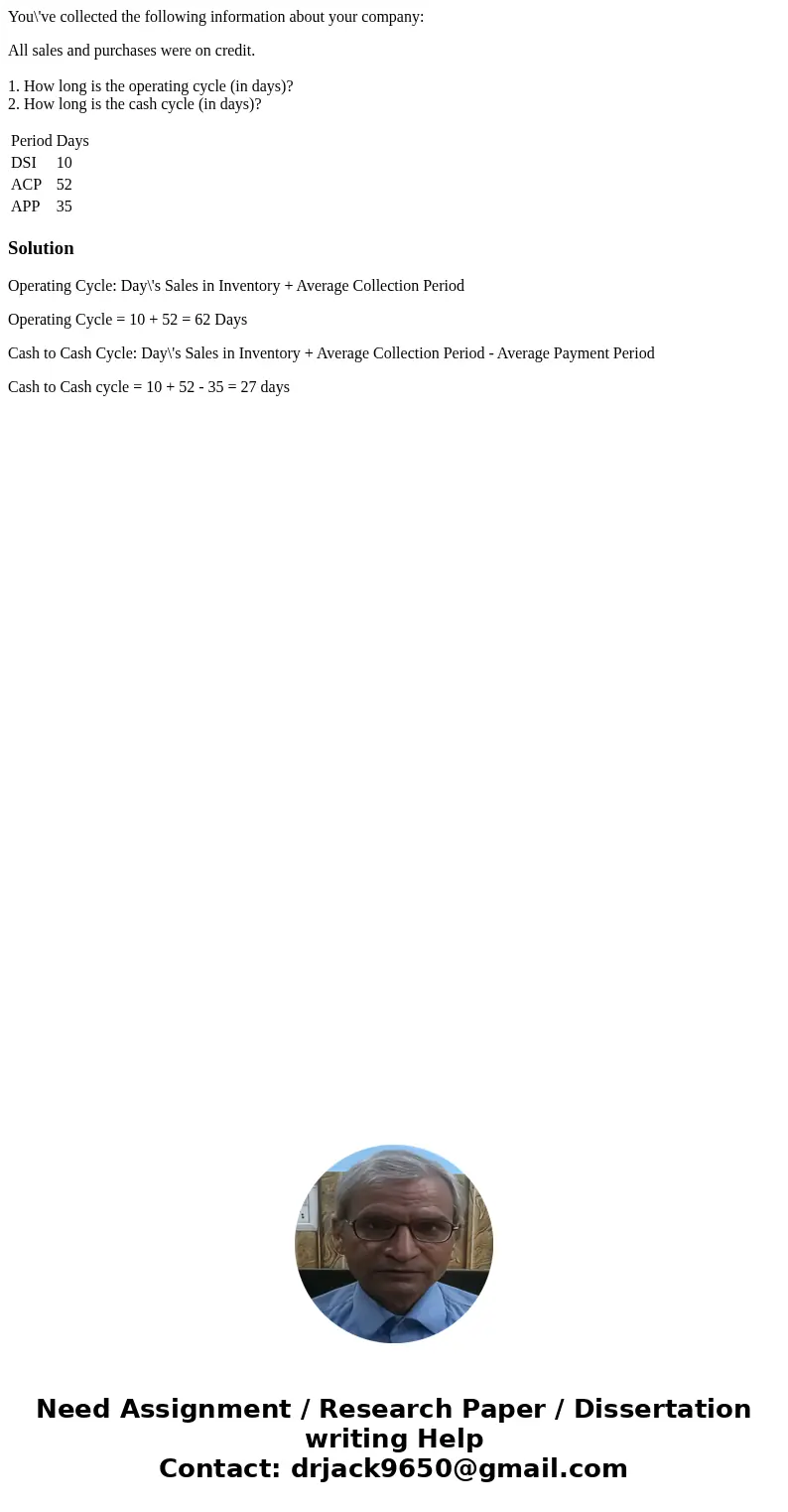 You\'ve collected the following information about your company: All sales and purchases were on credit. 1. How long is the operating cycle (in days)? 2. How lon