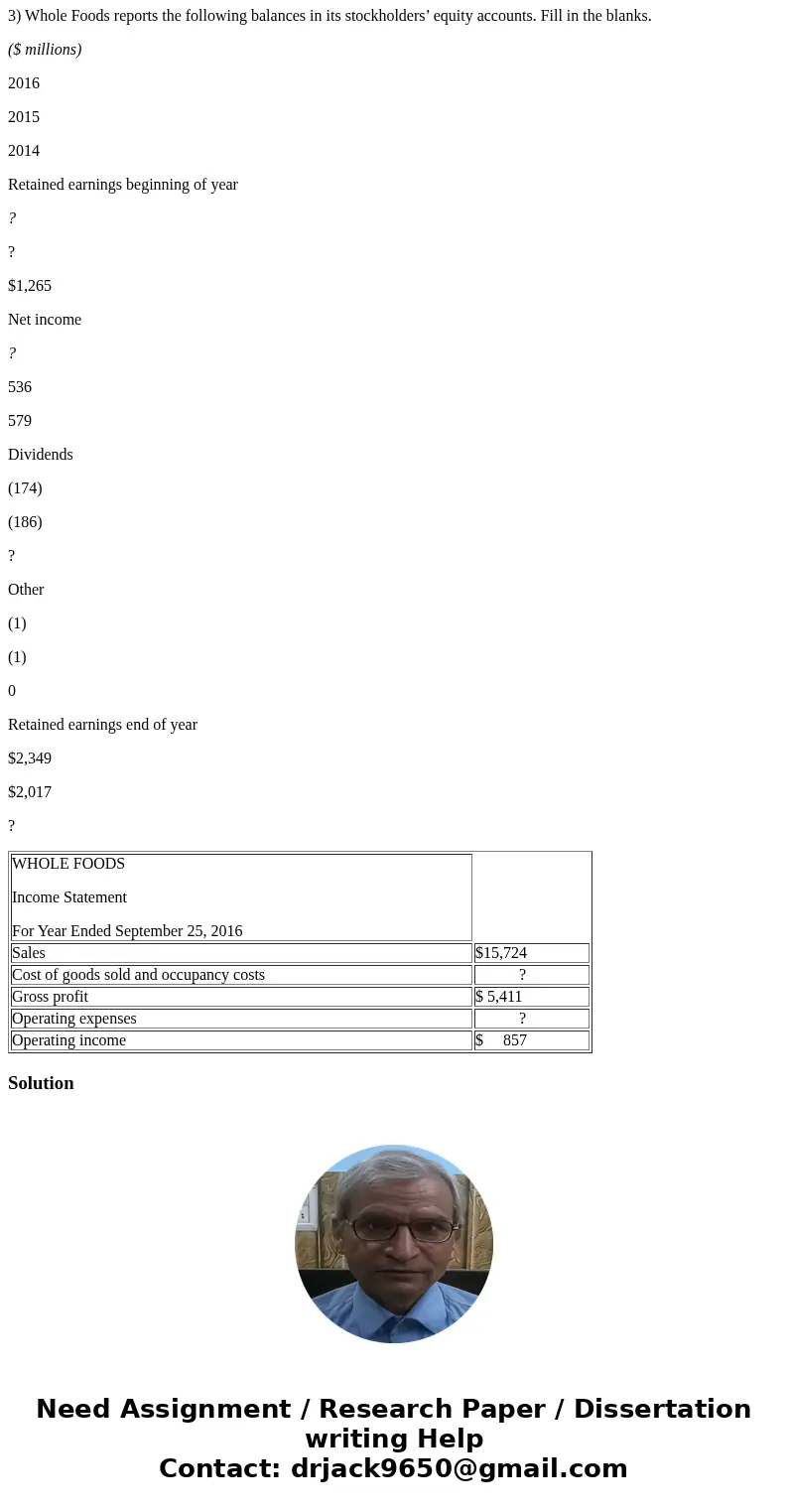1) Fill in the blanks to complete Whole Food’s Income Statement ($ millions). WHOLE FOODS Income Statement For Year Ended September 25, 2016 Sales $15,724 Cost 
