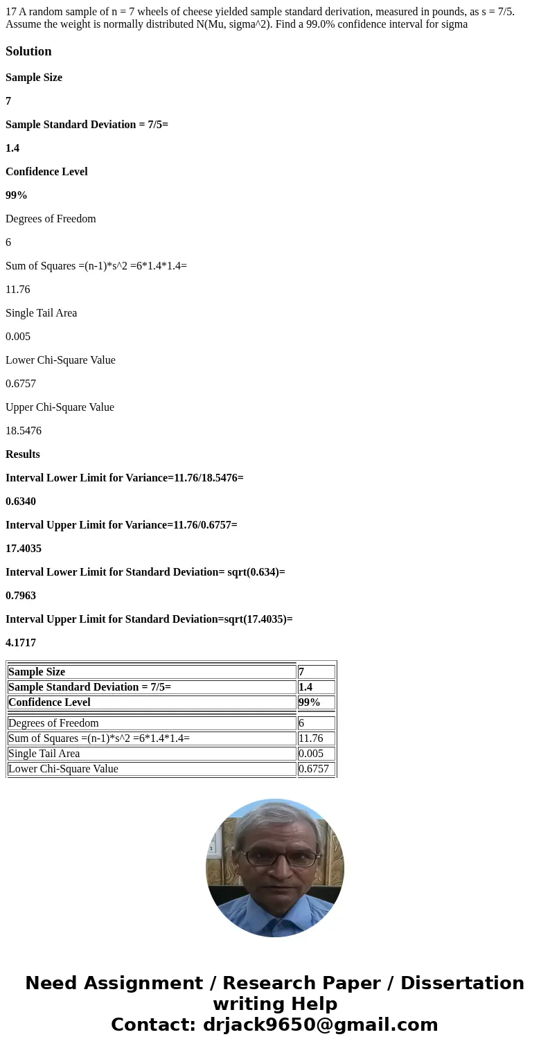  17 A random sample of n = 7 wheels of cheese yielded sample standard derivation, measured in pounds, as s = 7/5. Assume the weight is normally distributed N(Mu
