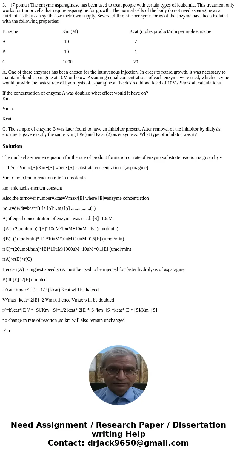 3. (7 points) The enzyme asparaginase has been used to treat people with certain types of leukemia. This treatment only works for tumor cells that require aspar 3. (7 points) The enzyme asparaginase has been used to treat people with certain types of leukemia. This treatment only works for tumor cells that require aspar