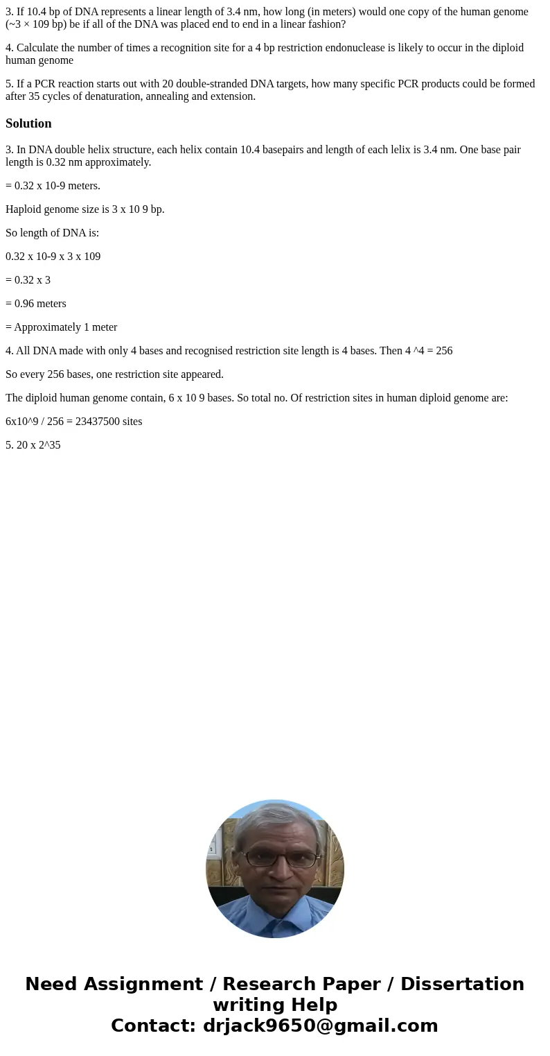 3. If 10.4 bp of DNA represents a linear length of 3.4 nm, how long (in meters) would one copy of the human genome (~3 × 109 bp) be if all of the DNA was placed 3. If 10.4 bp of DNA represents a linear length of 3.4 nm, how long (in meters) would one copy of the human genome (~3 × 109 bp) be if all of the DNA was placed