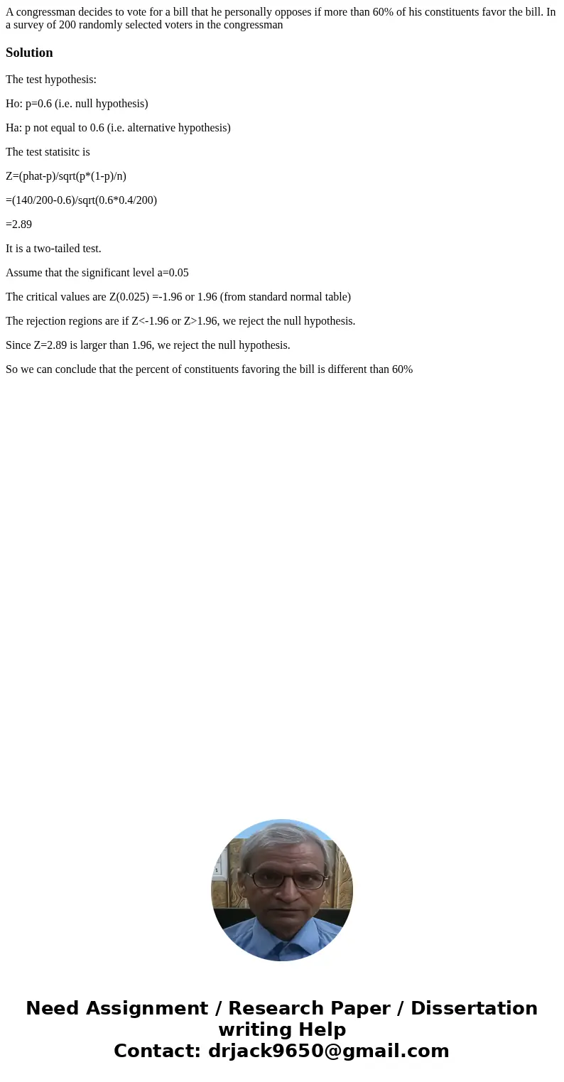 A congressman decides to vote for a bill that he personally opposes if more than 60% of his constituents favor the bill. In a survey of 200 randomly selected vo A congressman decides to vote for a bill that he personally opposes if more than 60% of his constituents favor the bill. In a survey of 200 randomly selected vo