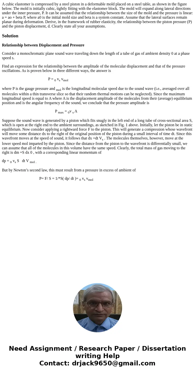 A cubic elastomer is compressed by a steel piston in a deformable mold placed on a steel table, as shown in the figure below. The mold is initially cubic, tigh  A cubic elastomer is compressed by a steel piston in a deformable mold placed on a steel table, as shown in the figure below. The mold is initially cubic, tigh