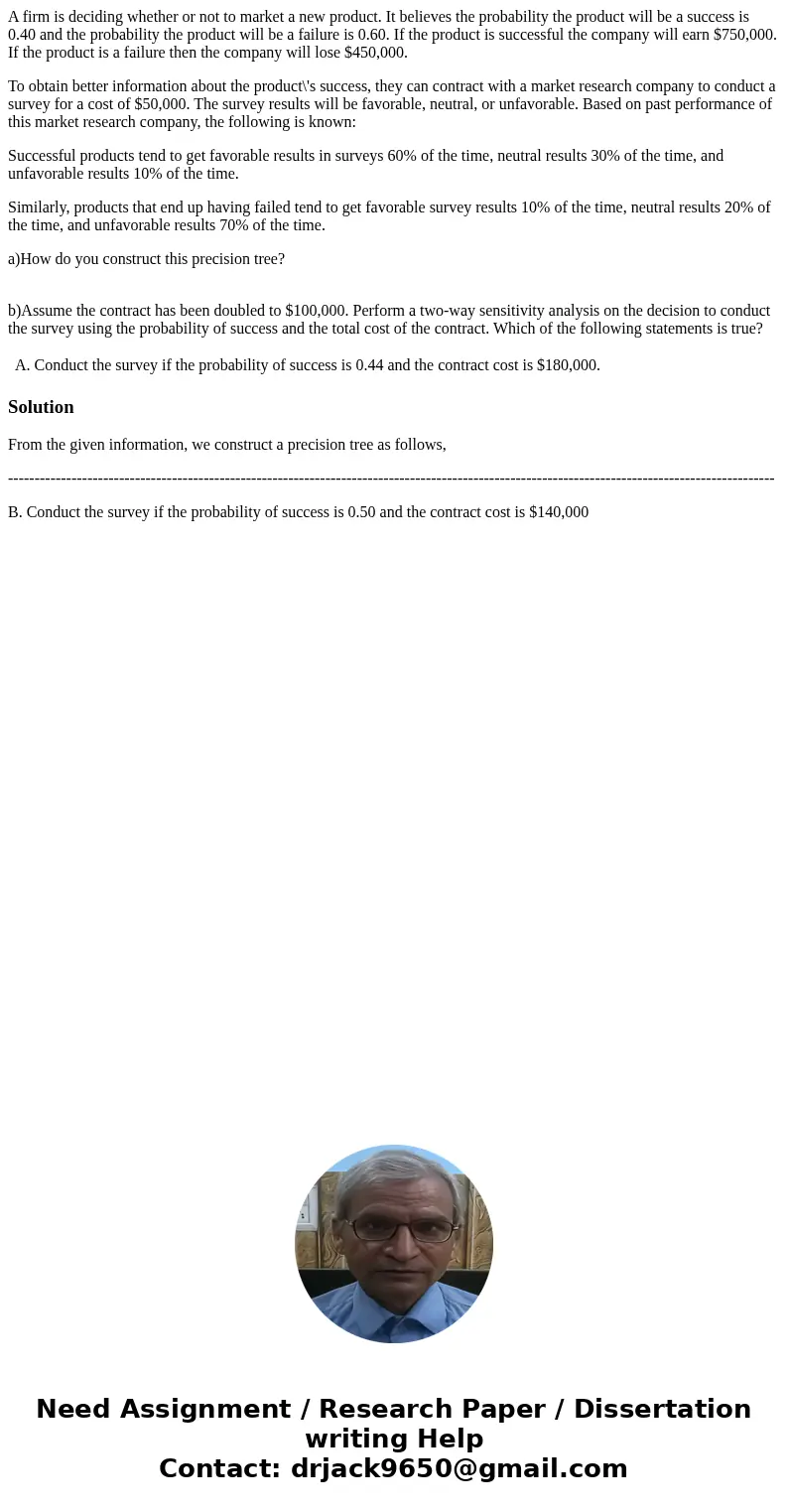 A firm is deciding whether or not to market a new product. It believes the probability the product will be a success is 0.40 and the probability the product wil A firm is deciding whether or not to market a new product. It believes the probability the product will be a success is 0.40 and the probability the product wil