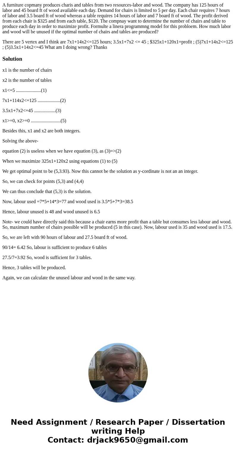 A furniture copmany produces charis and tables from two resources-labor and wood. The company has 125 hours of labor and 45 board ft of wood available each day. A furniture copmany produces charis and tables from two resources-labor and wood. The company has 125 hours of labor and 45 board ft of wood available each day.