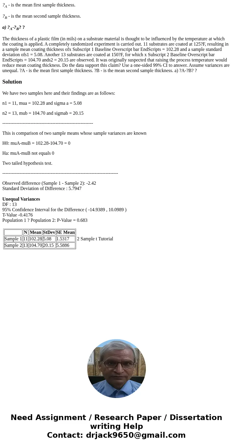 ?A - is the mean first sample thickness. ?B - is the mean second sample thickness. a) ?A-?B? ? The thickness of a plastic film (in mils) on a substrate material ?A - is the mean first sample thickness. ?B - is the mean second sample thickness. a) ?A-?B? ? The thickness of a plastic film (in mils) on a substrate material