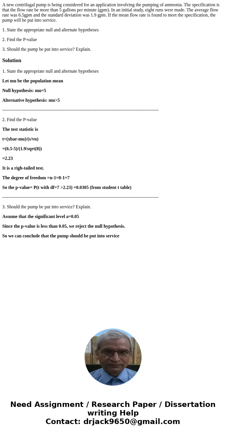 A new centrifugal pump is being considered for an application involving the pumping of ammonia. The specification is that the flow rate be more than 5 gallons p A new centrifugal pump is being considered for an application involving the pumping of ammonia. The specification is that the flow rate be more than 5 gallons p