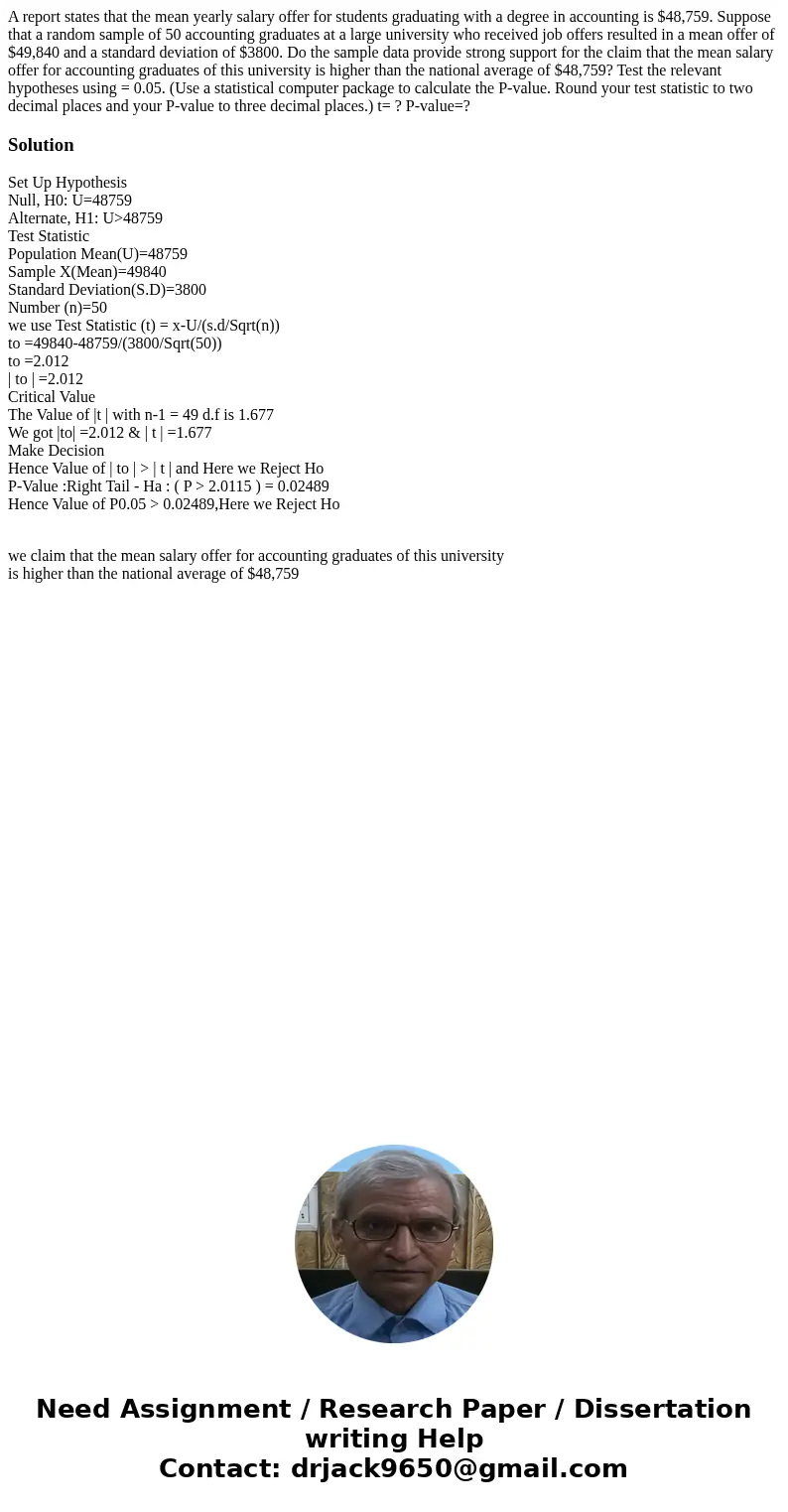 A report states that the mean yearly salary offer for students graduating with a degree in accounting is $48,759. Suppose that a random sample of 50 accounting  A report states that the mean yearly salary offer for students graduating with a degree in accounting is $48,759. Suppose that a random sample of 50 accounting