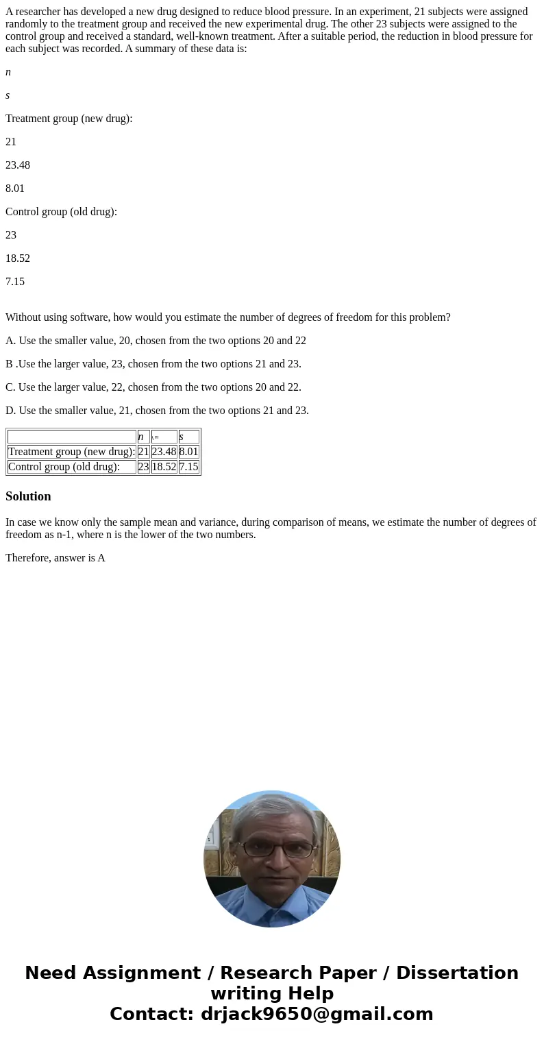 A researcher has developed a new drug designed to reduce blood pressure. In an experiment, 21 subjects were assigned randomly to the treatment group and receive
