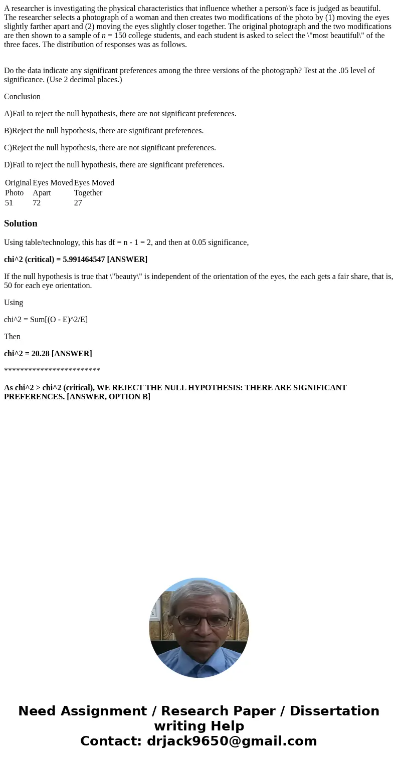 A researcher is investigating the physical characteristics that influence whether a person\'s face is judged as beautiful. The researcher selects a photograph o A researcher is investigating the physical characteristics that influence whether a person\'s face is judged as beautiful. The researcher selects a photograph o