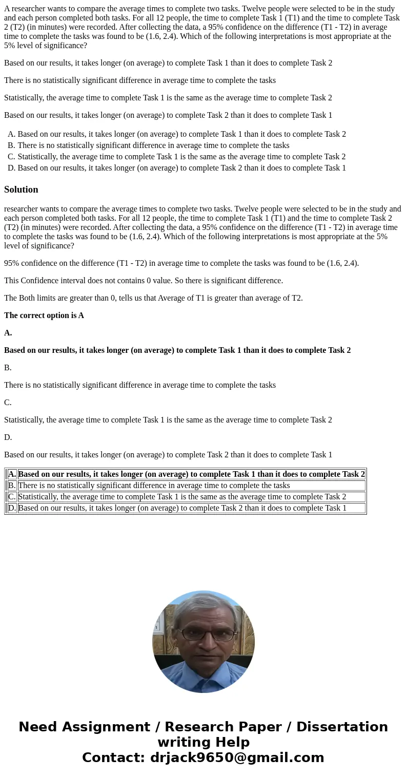 A researcher wants to compare the average times to complete two tasks. Twelve people were selected to be in the study and each person completed both tasks. For  A researcher wants to compare the average times to complete two tasks. Twelve people were selected to be in the study and each person completed both tasks. For
