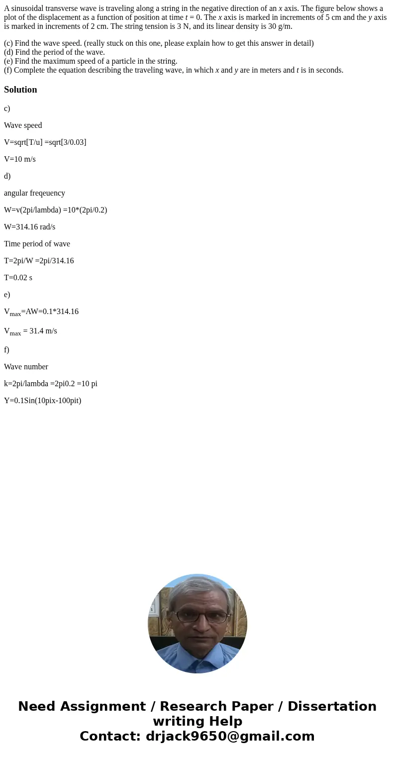 A sinusoidal transverse wave is traveling along a string in the negative direction of an x axis. The figure below shows a plot of the displacement as a function A sinusoidal transverse wave is traveling along a string in the negative direction of an x axis. The figure below shows a plot of the displacement as a function