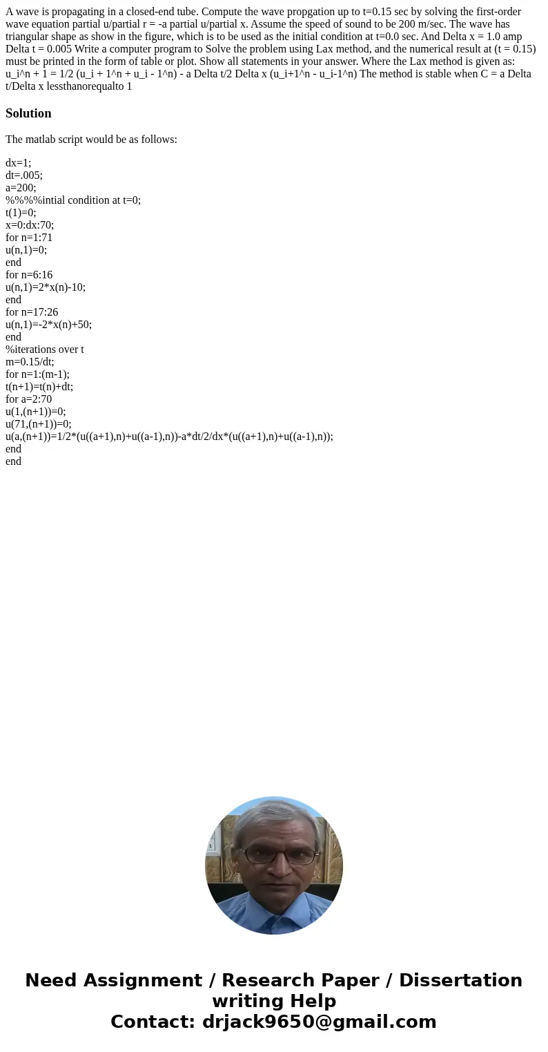  A wave is propagating in a closed-end tube. Compute the wave propgation up to t=0.15 sec by solving the first-order wave equation partial u/partial r = -a part