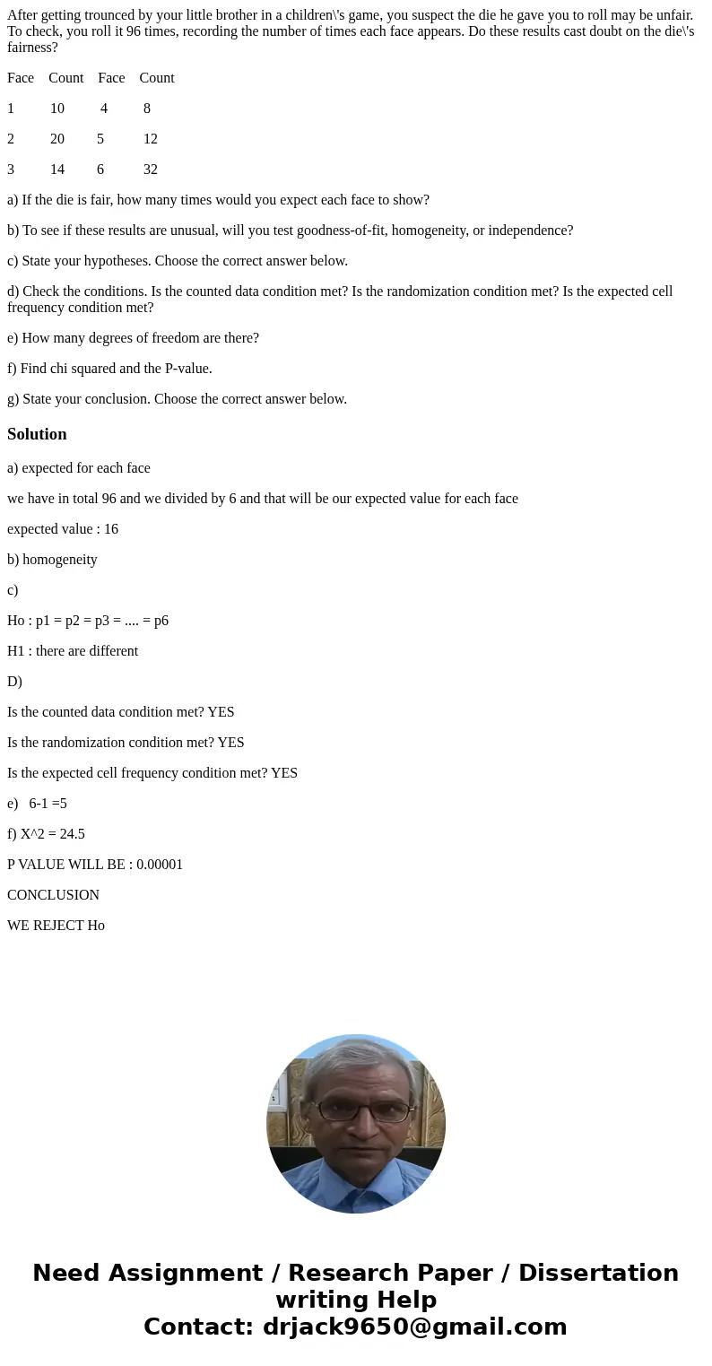 After getting trounced by your little brother in a children\'s game, you suspect the die he gave you to roll may be unfair. To check, you roll it 96 times, reco After getting trounced by your little brother in a children\'s game, you suspect the die he gave you to roll may be unfair. To check, you roll it 96 times, reco