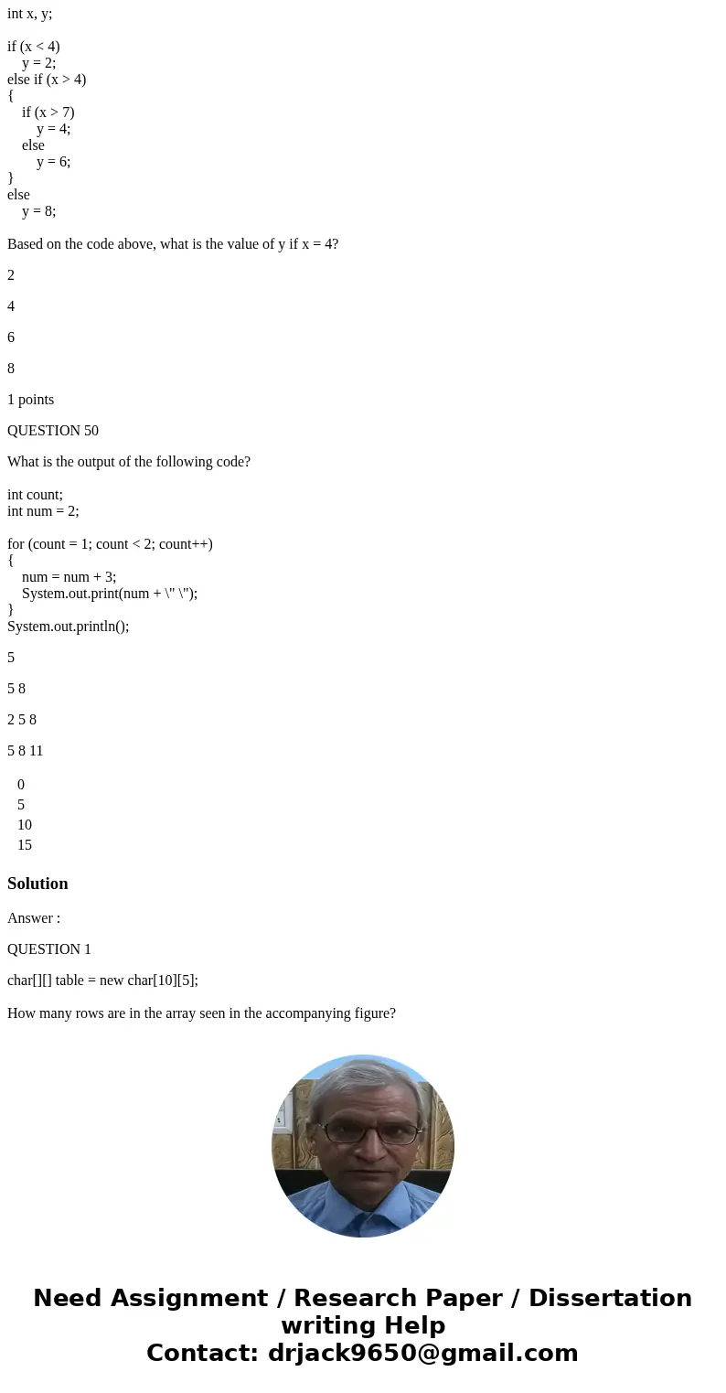 All based on Zybooks = AP Java with zylabs QUESTION 1 char[][] table = new char[10][5]; How many rows are in the array seen in the accompanying figure? 0 5 10 1