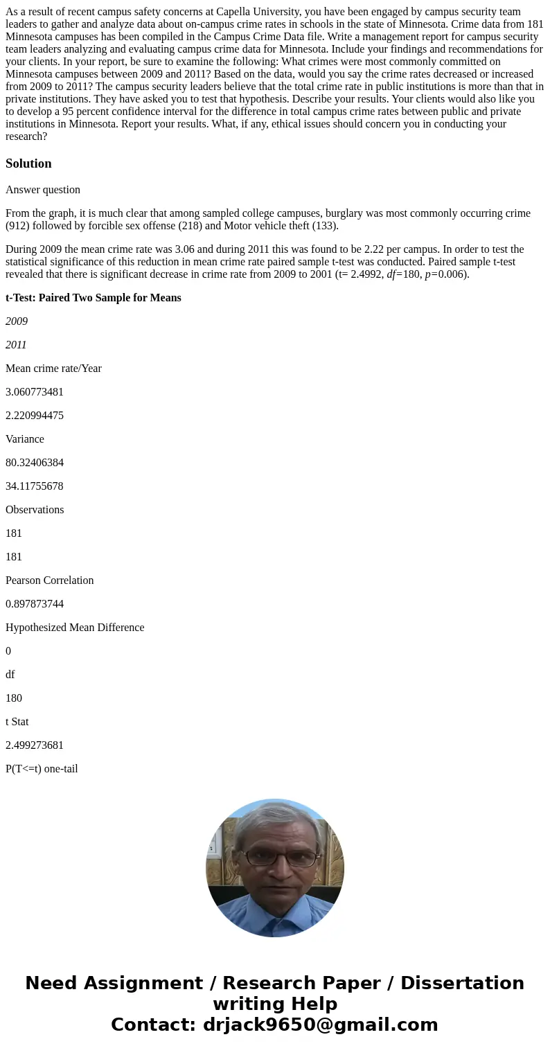 As a result of recent campus safety concerns at Capella University, you have been engaged by campus security team leaders to gather and analyze data about on-ca