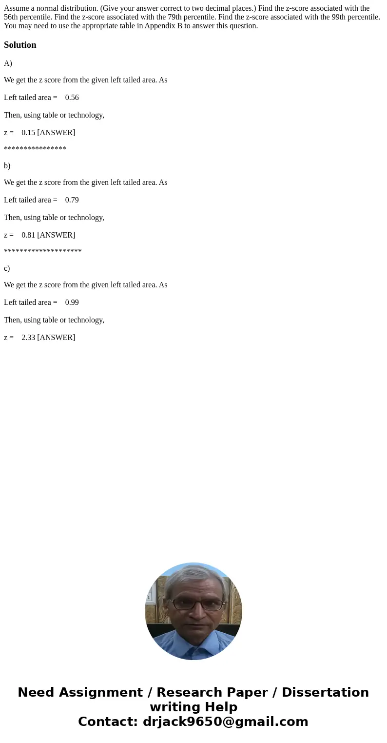 Assume a normal distribution. (Give your answer correct to two decimal places.) Find the z-score associated with the 56th percentile. Find the z-score associat  Assume a normal distribution. (Give your answer correct to two decimal places.) Find the z-score associated with the 56th percentile. Find the z-score associat