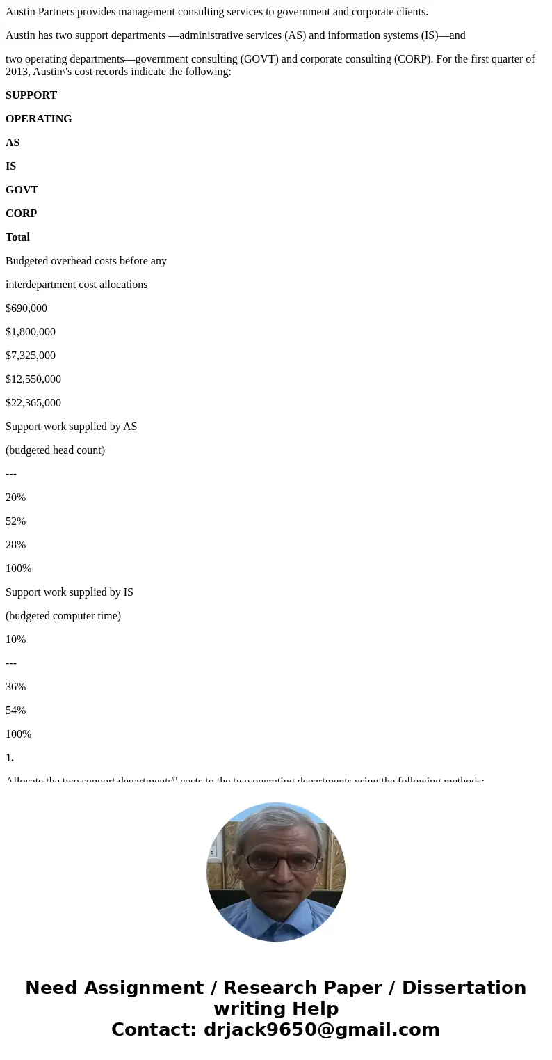 Austin Partners provides management consulting services to government and corporate clients. Austin has two support departments —administrative services (AS) an
