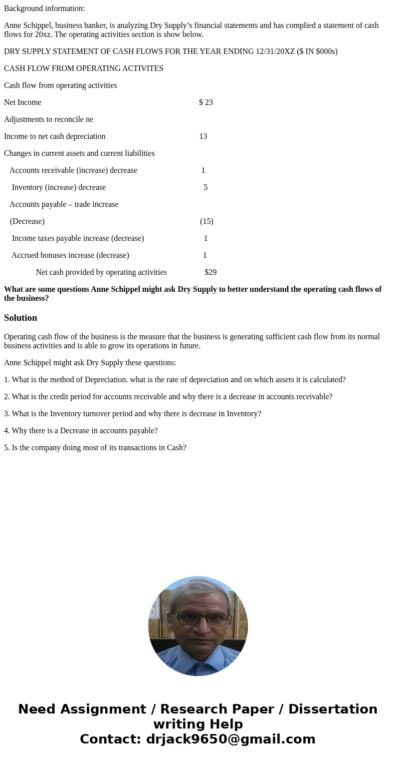 Background information: Anne Schippel, business banker, is analyzing Dry Supply’s financial statements and has complied a statement of cash flows for 20xz. The  Background information: Anne Schippel, business banker, is analyzing Dry Supply’s financial statements and has complied a statement of cash flows for 20xz. The