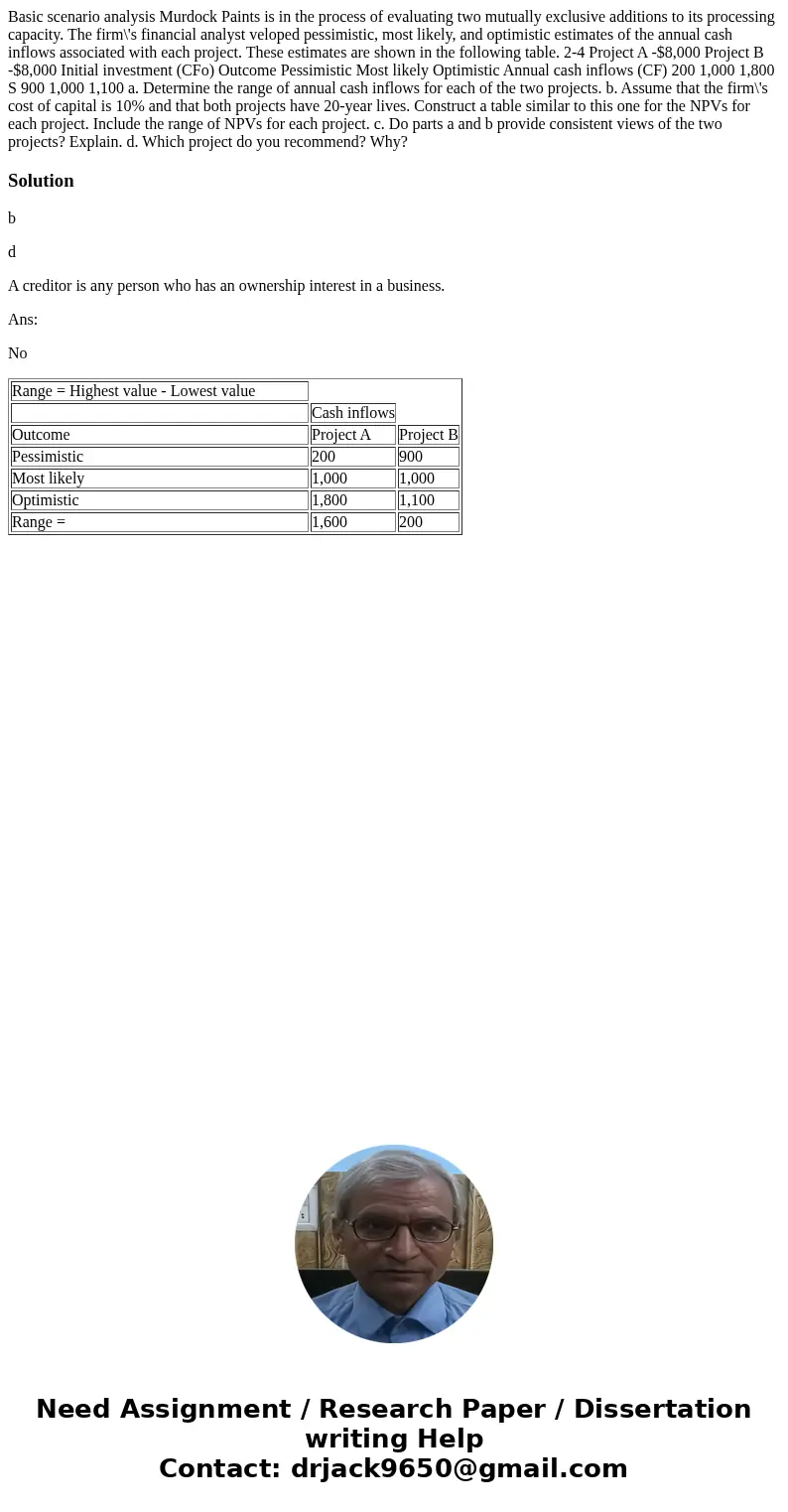 Basic scenario analysis Murdock Paints is in the process of evaluating two mutually exclusive additions to its processing capacity. The firm\'s financial analy