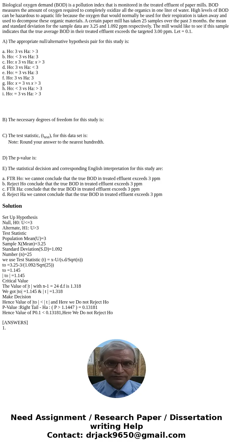 Biological oxygen demand (BOD) is a pollution index that is monitored in the treated effluent of paper mills. BOD measures the amount of oxygen required to comp Biological oxygen demand (BOD) is a pollution index that is monitored in the treated effluent of paper mills. BOD measures the amount of oxygen required to comp