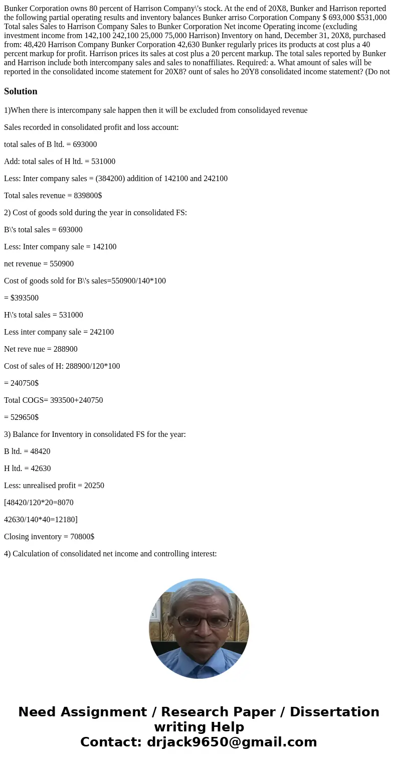 Bunker Corporation owns 80 percent of Harrison Company\'s stock. At the end of 20X8, Bunker and Harrison reported the following partial operating results and i  Bunker Corporation owns 80 percent of Harrison Company\'s stock. At the end of 20X8, Bunker and Harrison reported the following partial operating results and i