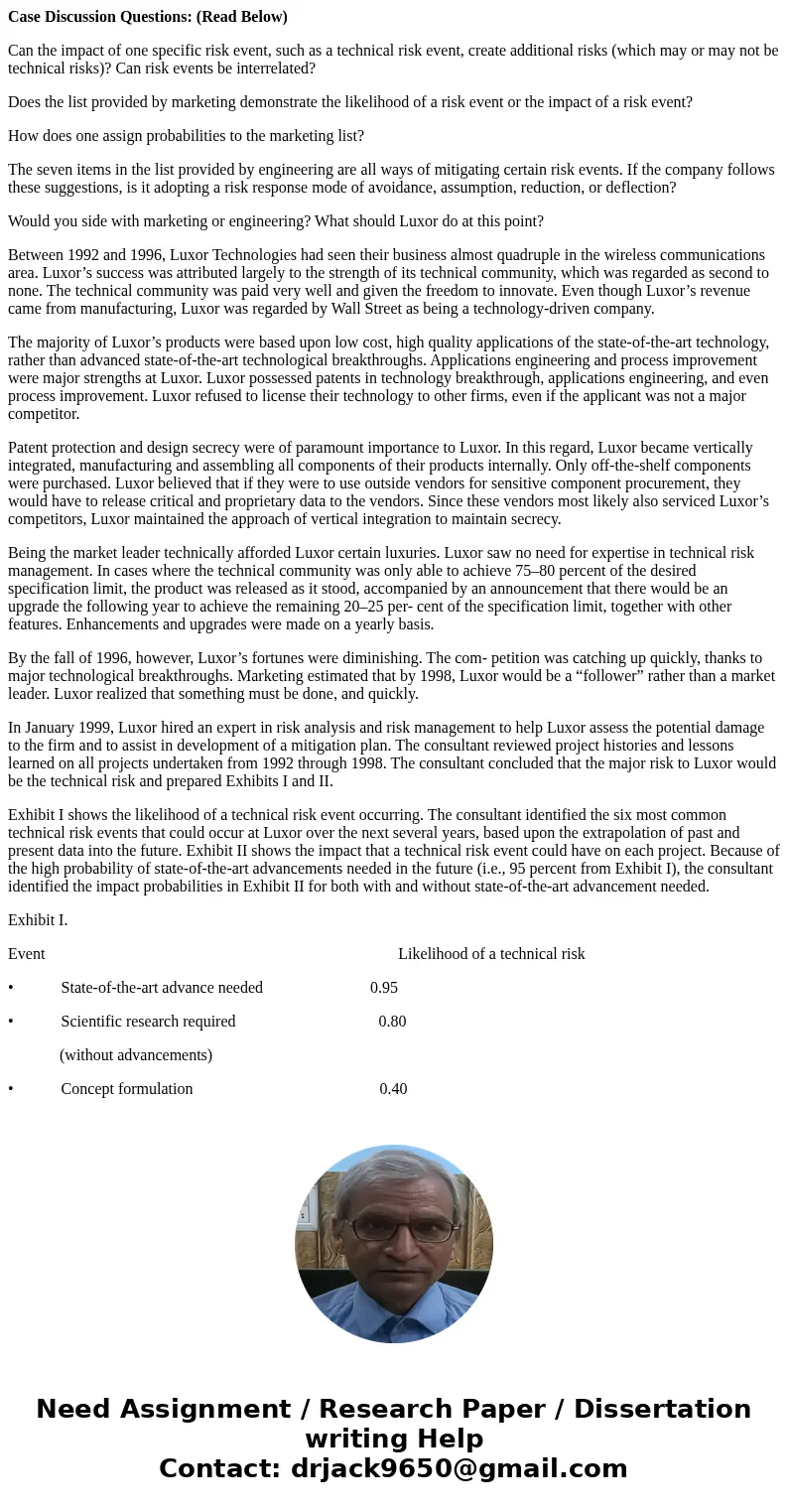 Case Discussion Questions: (Read Below) Can the impact of one specific risk event, such as a technical risk event, create additional risks (which may or may not Case Discussion Questions: (Read Below) Can the impact of one specific risk event, such as a technical risk event, create additional risks (which may or may not
