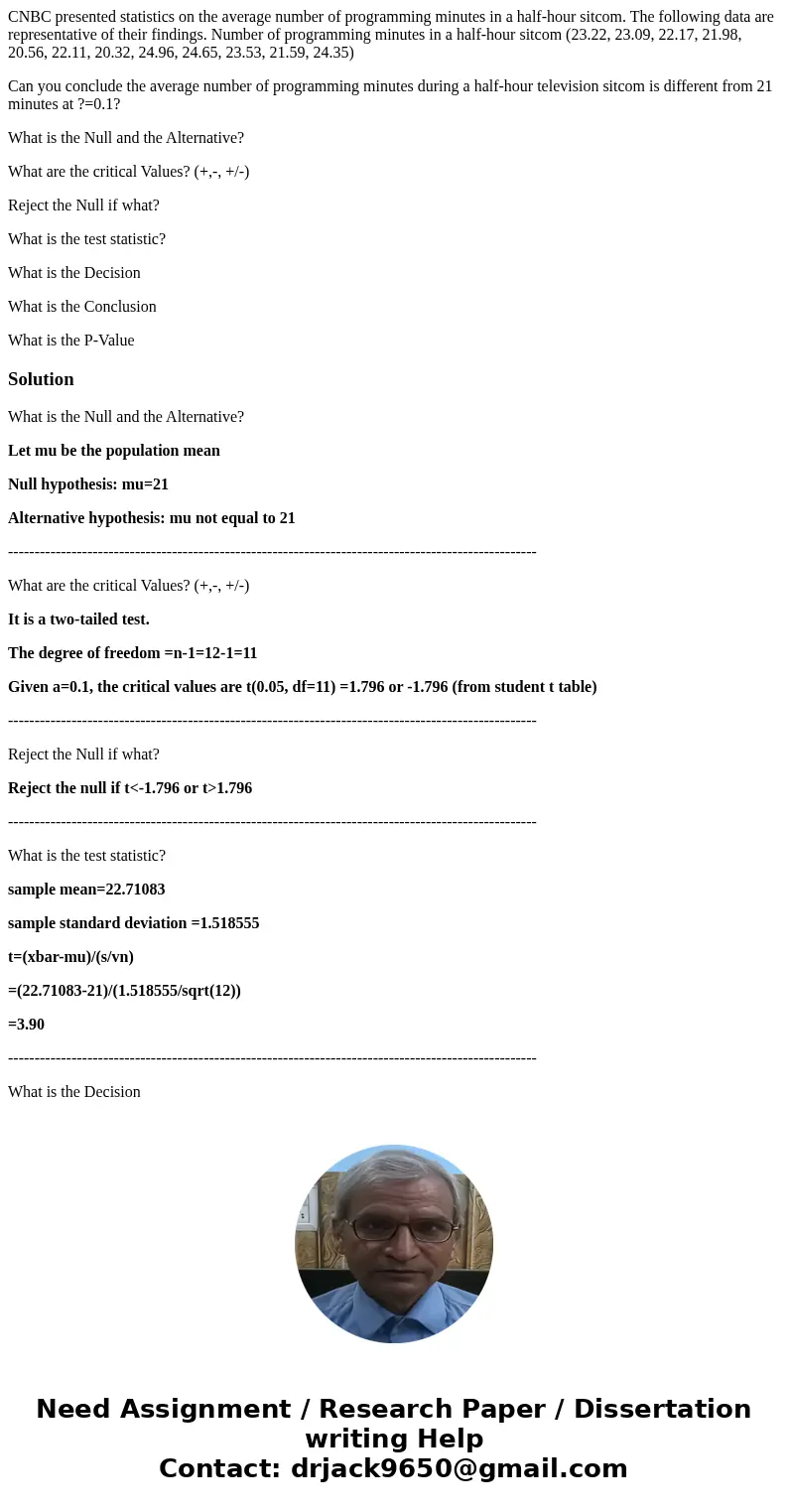 CNBC presented statistics on the average number of programming minutes in a half-hour sitcom. The following data are representative of their findings. Number of CNBC presented statistics on the average number of programming minutes in a half-hour sitcom. The following data are representative of their findings. Number of