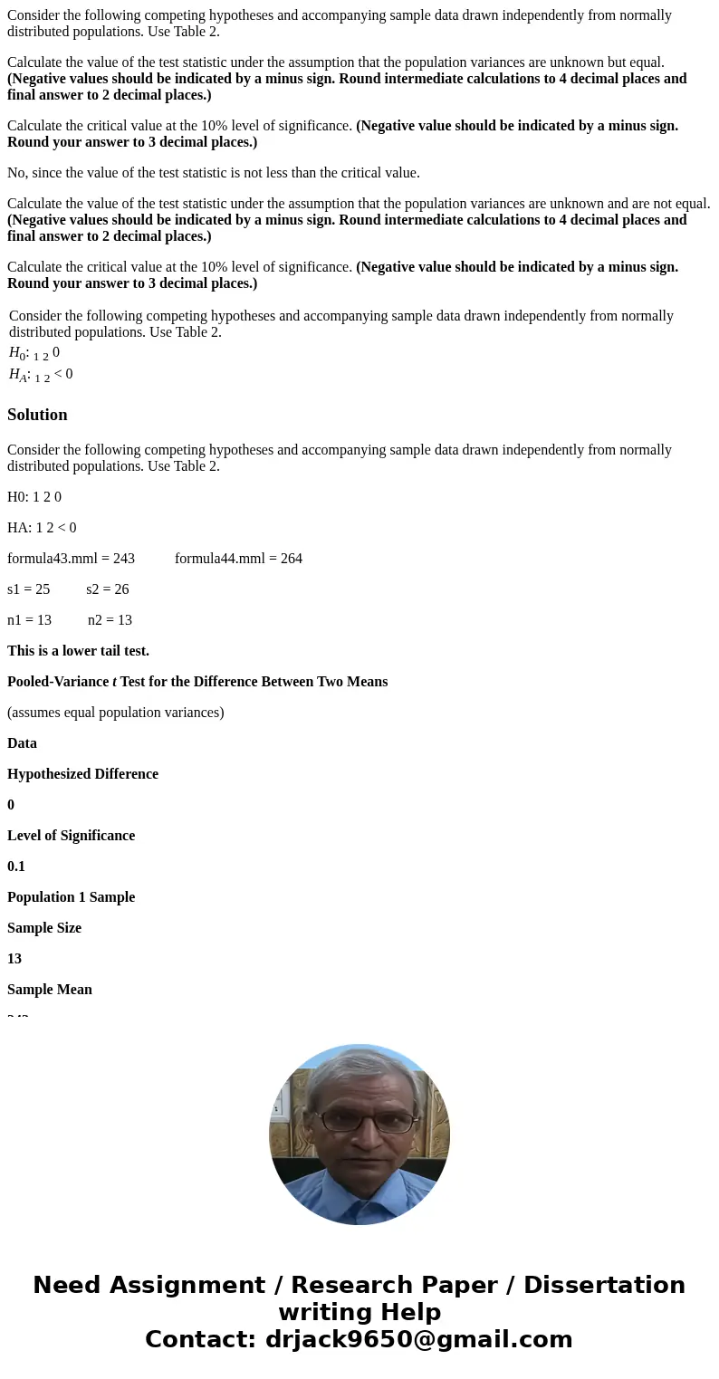Consider the following competing hypotheses and accompanying sample data drawn independently from normally distributed populations. Use Table 2. Calculate the v