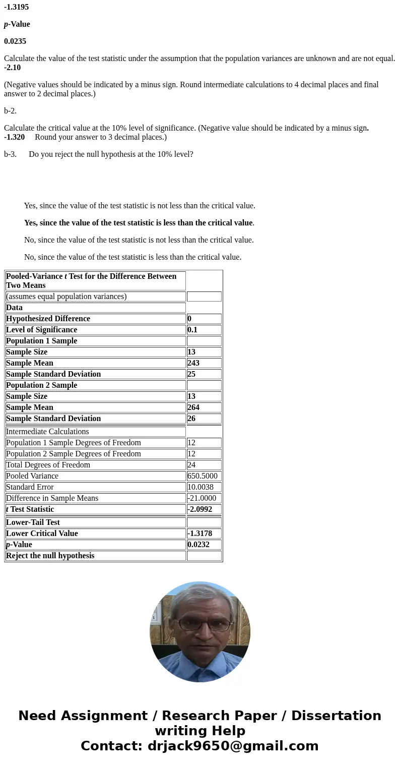 Consider the following competing hypotheses and accompanying sample data drawn independently from normally distributed populations. Use Table 2. Calculate the v