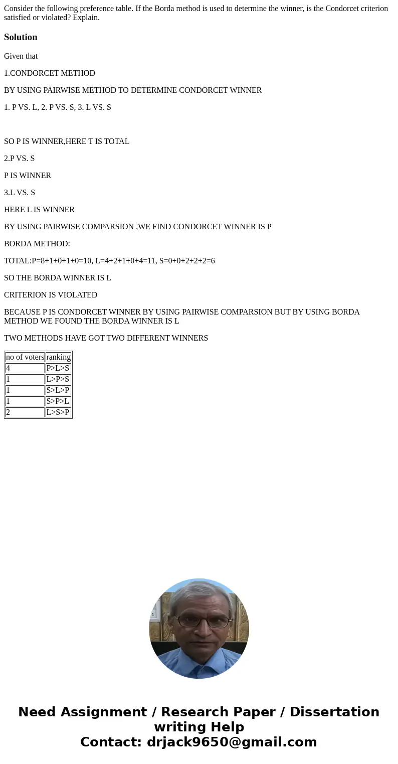 Consider the following preference table. If the Borda method is used to determine the winner, is the Condorcet criterion satisfied or violated? Explain. Soluti  Consider the following preference table. If the Borda method is used to determine the winner, is the Condorcet criterion satisfied or violated? Explain. Soluti