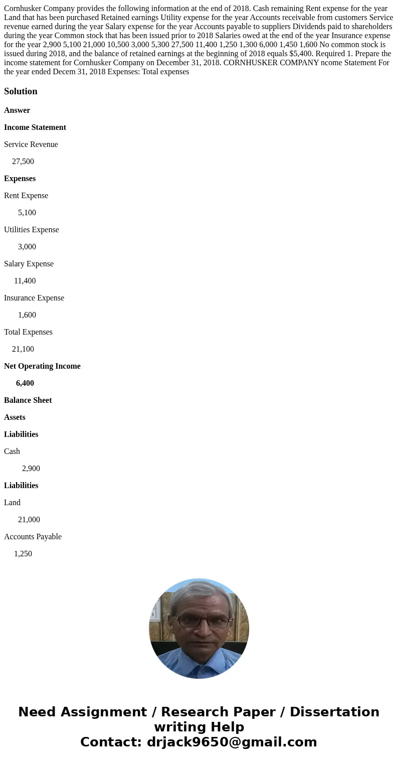  Cornhusker Company provides the following information at the end of 2018. Cash remaining Rent expense for the year Land that has been purchased Retained earnin