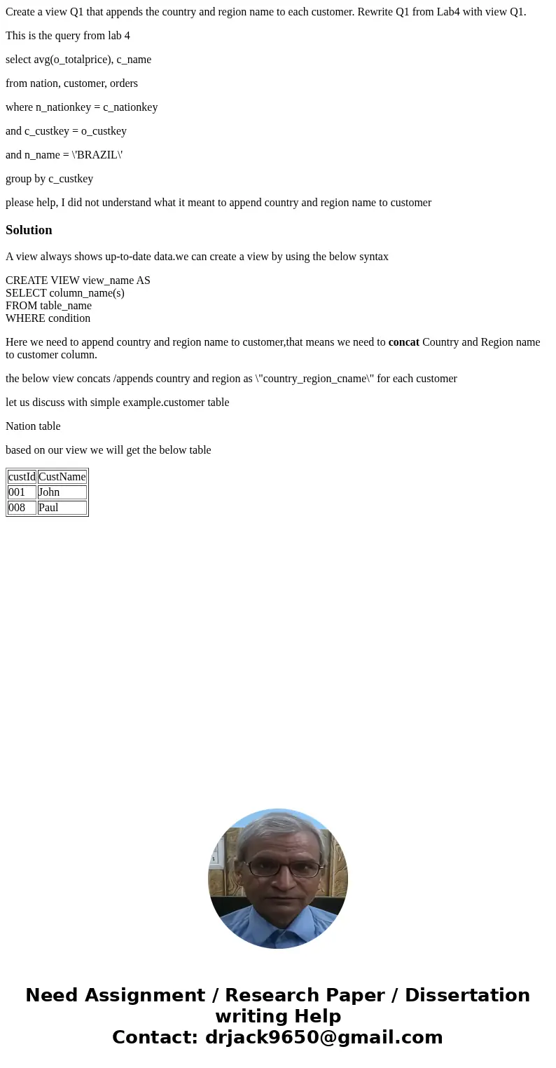 Create a view Q1 that appends the country and region name to each customer. Rewrite Q1 from Lab4 with view Q1. This is the query from lab 4 select avg(o_totalpr Create a view Q1 that appends the country and region name to each customer. Rewrite Q1 from Lab4 with view Q1. This is the query from lab 4 select avg(o_totalpr