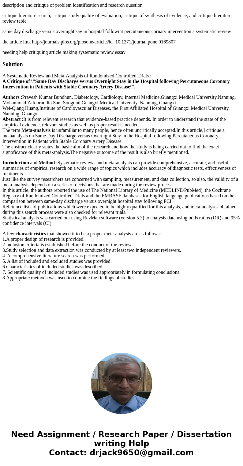 description and critique of problem identification and research question critique literature search, critique study quality of evaluation, critique of synthesis description and critique of problem identification and research question critique literature search, critique study quality of evaluation, critique of synthesis