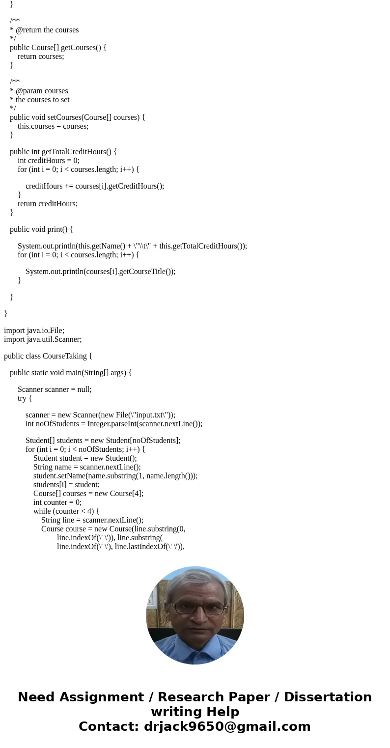 Design a class named Course. The class contains: Private data fields, including courseNumber, courseTitle, and creditHours Getter and setter methods for all dat Design a class named Course. The class contains: Private data fields, including courseNumber, courseTitle, and creditHours Getter and setter methods for all dat