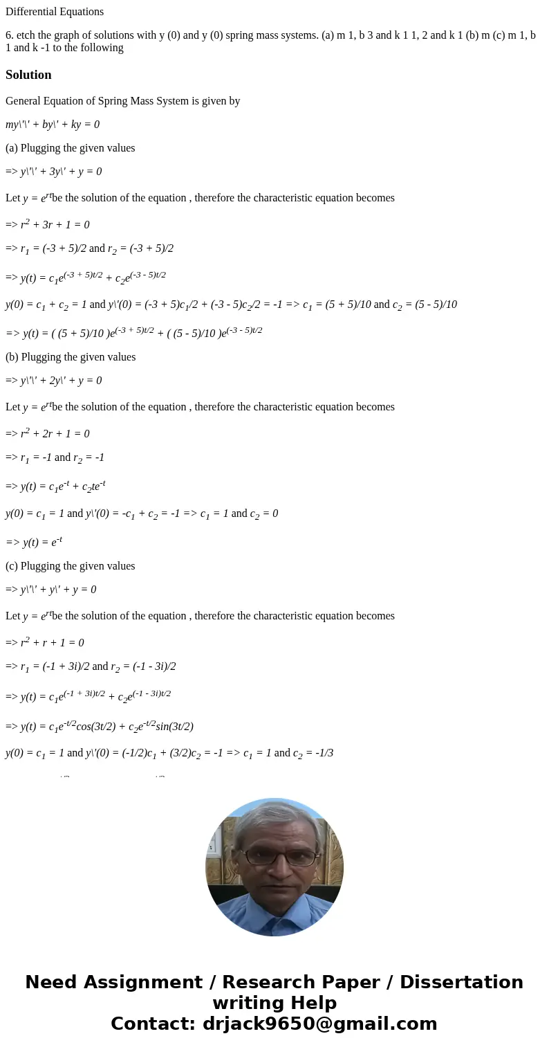 Differential Equations 6. etch the graph of solutions with y (0) and y (0) spring mass systems. (a) m 1, b 3 and k 1 1, 2 and k 1 (b) m (c) m 1, b 1 and k -1 to Differential Equations 6. etch the graph of solutions with y (0) and y (0) spring mass systems. (a) m 1, b 3 and k 1 1, 2 and k 1 (b) m (c) m 1, b 1 and k -1 to