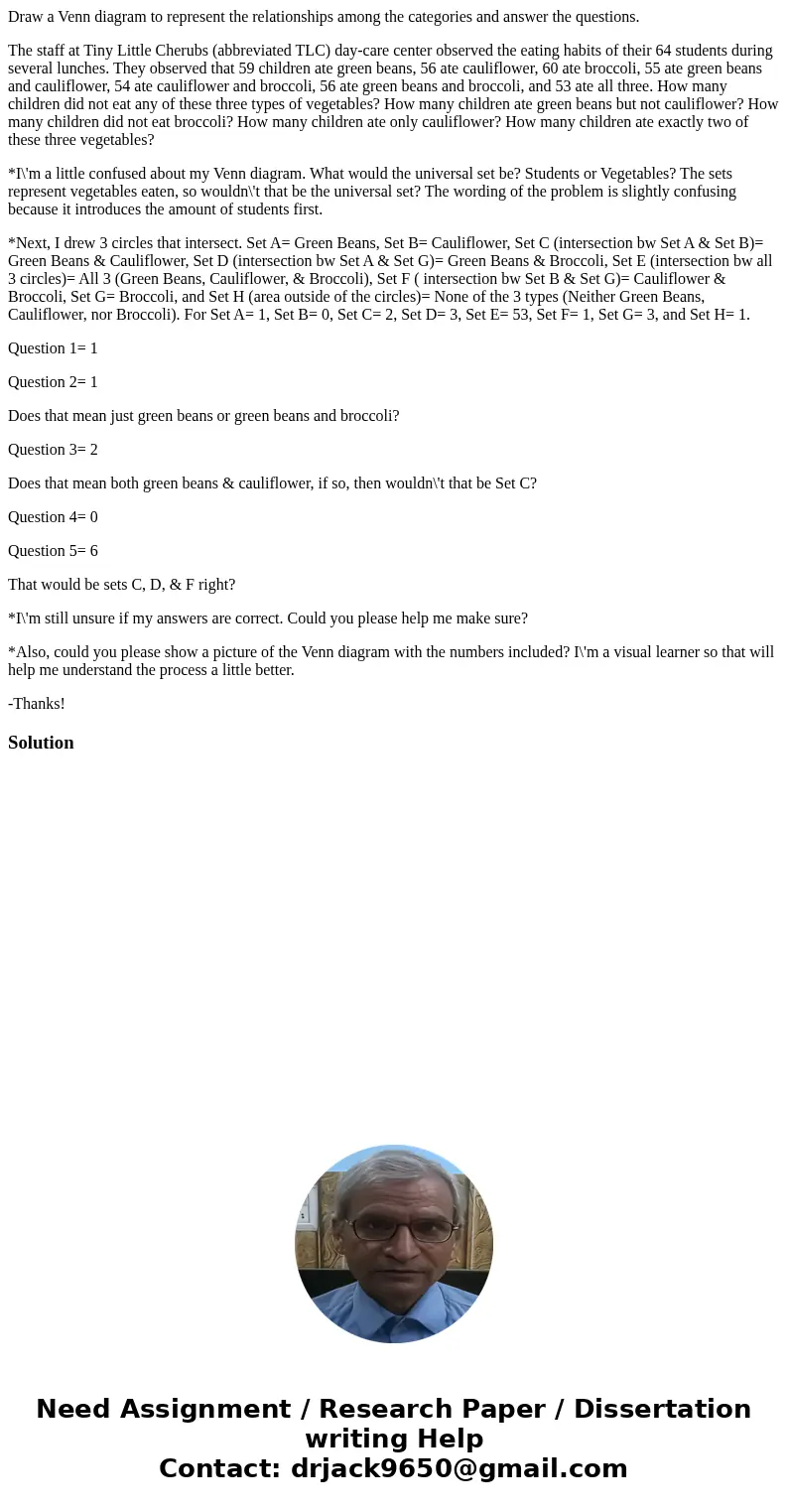 Draw a Venn diagram to represent the relationships among the categories and answer the questions. The staff at Tiny Little Cherubs (abbreviated TLC) day-care ce Draw a Venn diagram to represent the relationships among the categories and answer the questions. The staff at Tiny Little Cherubs (abbreviated TLC) day-care ce